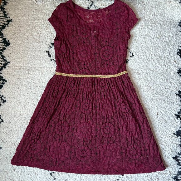 Anthropologie Weston burgundy red lace fit flare dress gold belt women's large - Picture 1 of 5